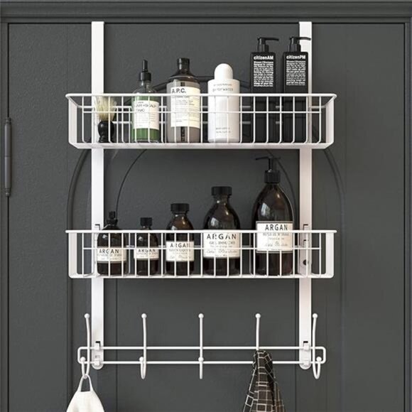 Over Door Hooks Organizer Towel Rack Coat Hanger 10 Hooks 2 Mesh Baskets White - Picture 7 of 7